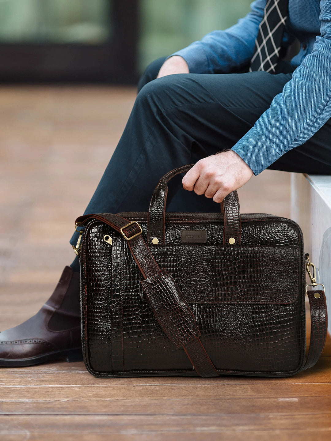 KOSHER Men's Crocodile Textured Genuine Leather Laptop Bag with Detachable Shoulder Strap for Men / Women