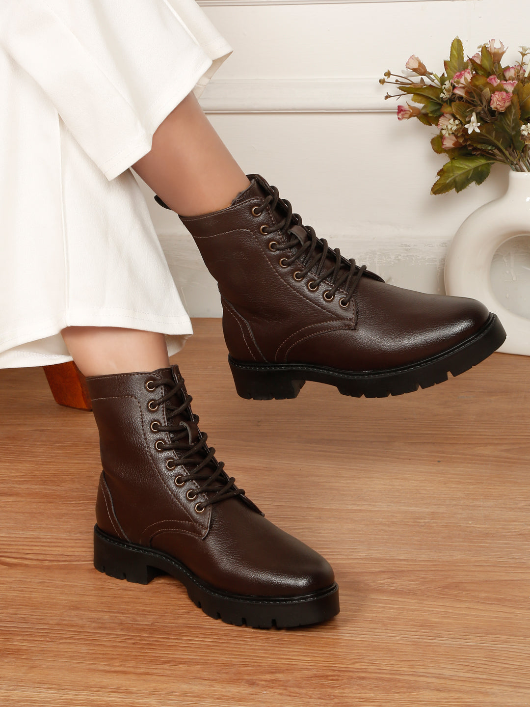 Kosher Elegant Ladies Brown Colour Lace-Up Boots Stylish Comfortab