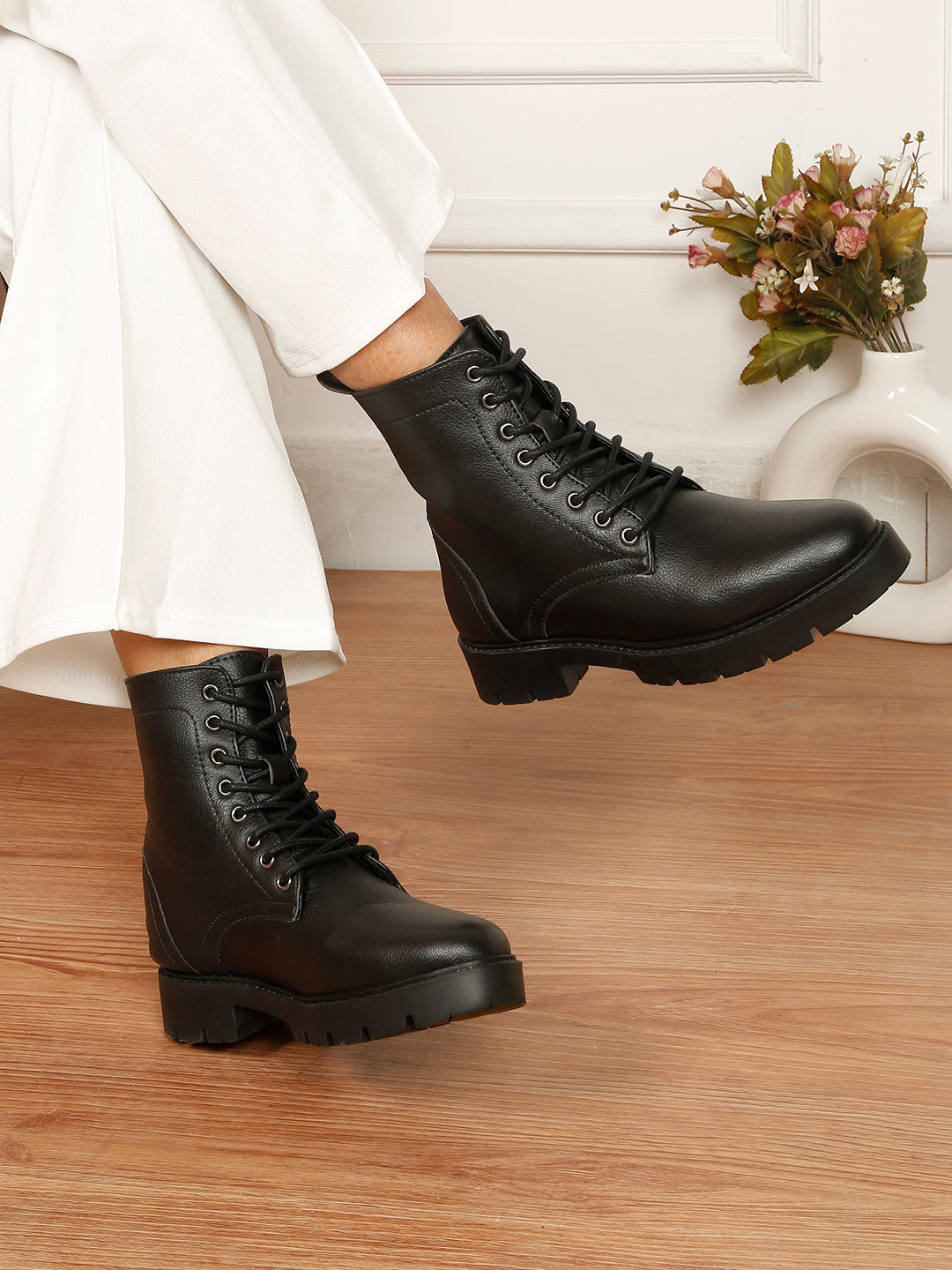 Kosher Elegant Ladies Black Colour Lace-Up Boots Stylish Comfortab