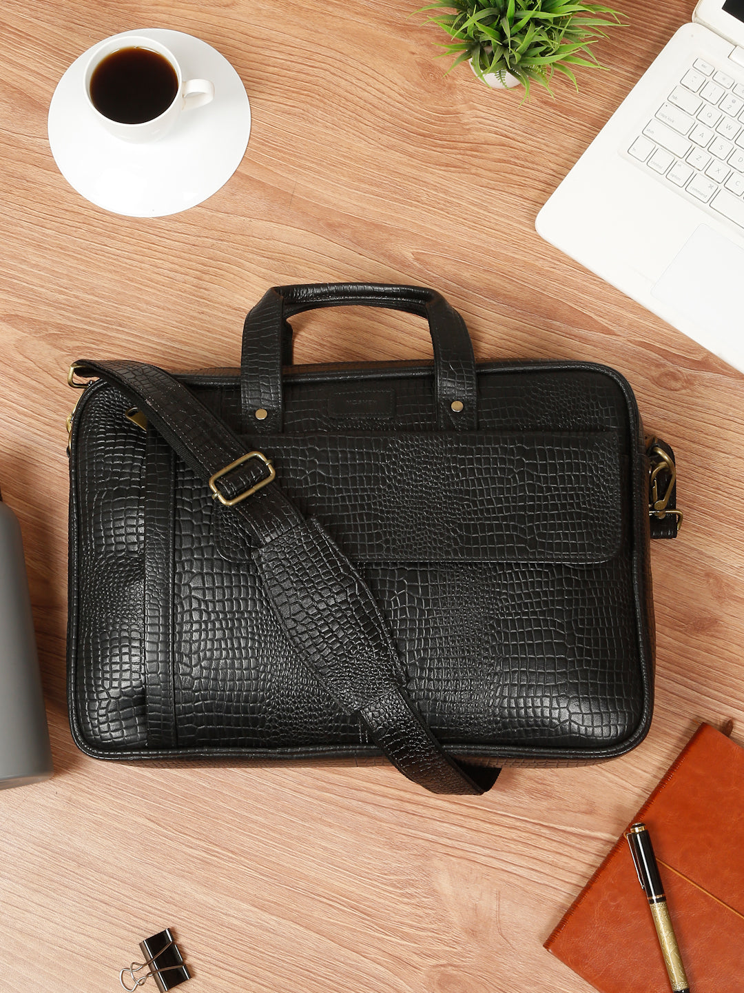 KOSHER Men's Crocodile Textured Genuine Leather Laptop Bag with Detachable Shoulder Strap for Men / Women