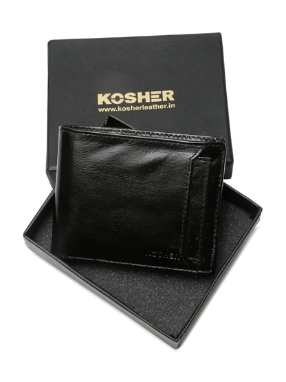 KOSHER Black Color Vintage-Style Genuine Leather Bi-Fold Men's Wallet With Removable Metro Card Holder Sleeve