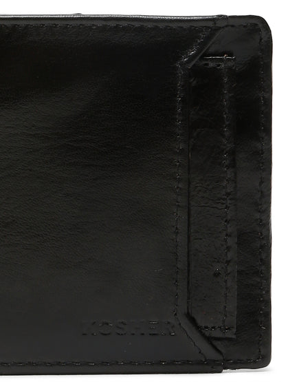 KOSHER Black Color Vintage-Style Genuine Leather Bi-Fold Men's Wallet With Removable Metro Card Holder Sleeve